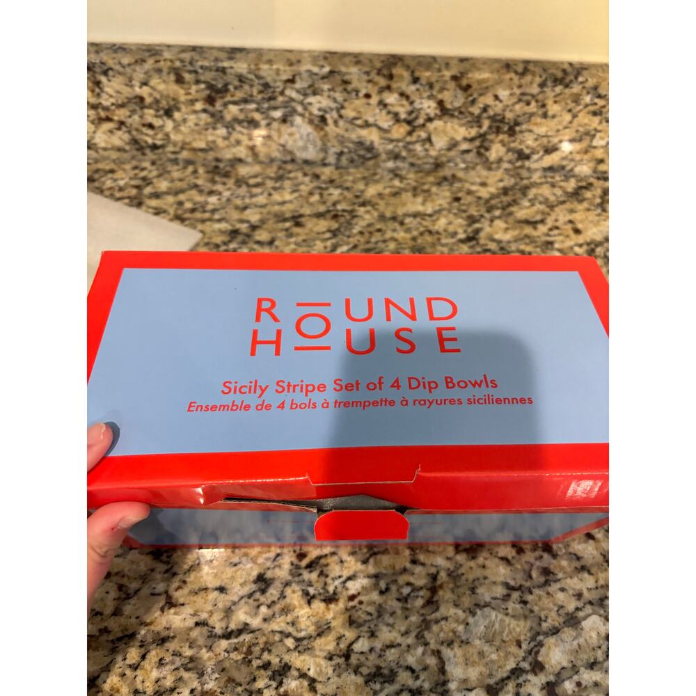 New RoundHouse Set of 4 Sicily Striped Dip Bowls Striped Blue & White